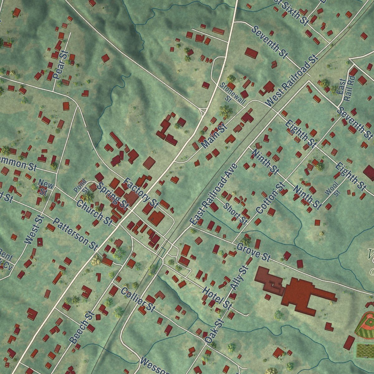 Close-up of the map of Wesson, Mississippi print showing street and building detail