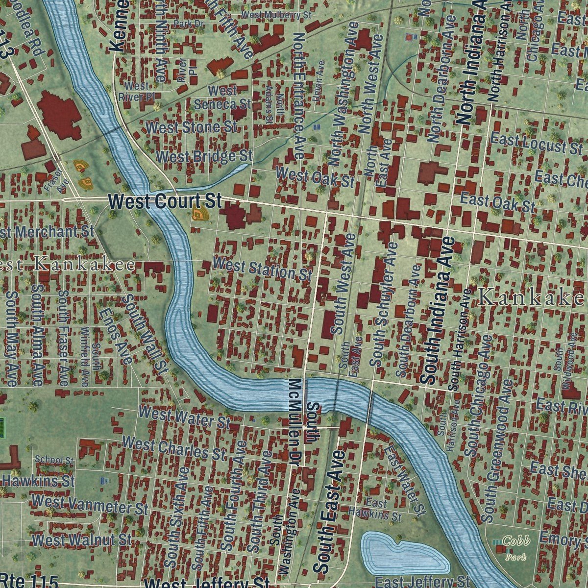 Close-up of the map of Kankakee, Illinois print showing street and building detail