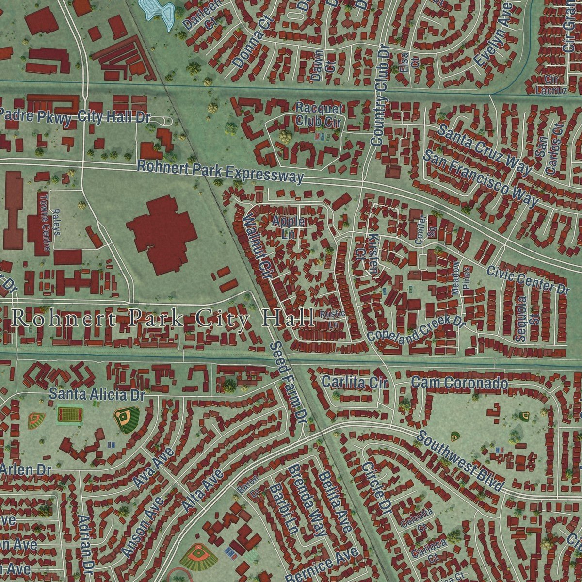 Close-up of the map of Rohnert Park, California print showing street and building detail