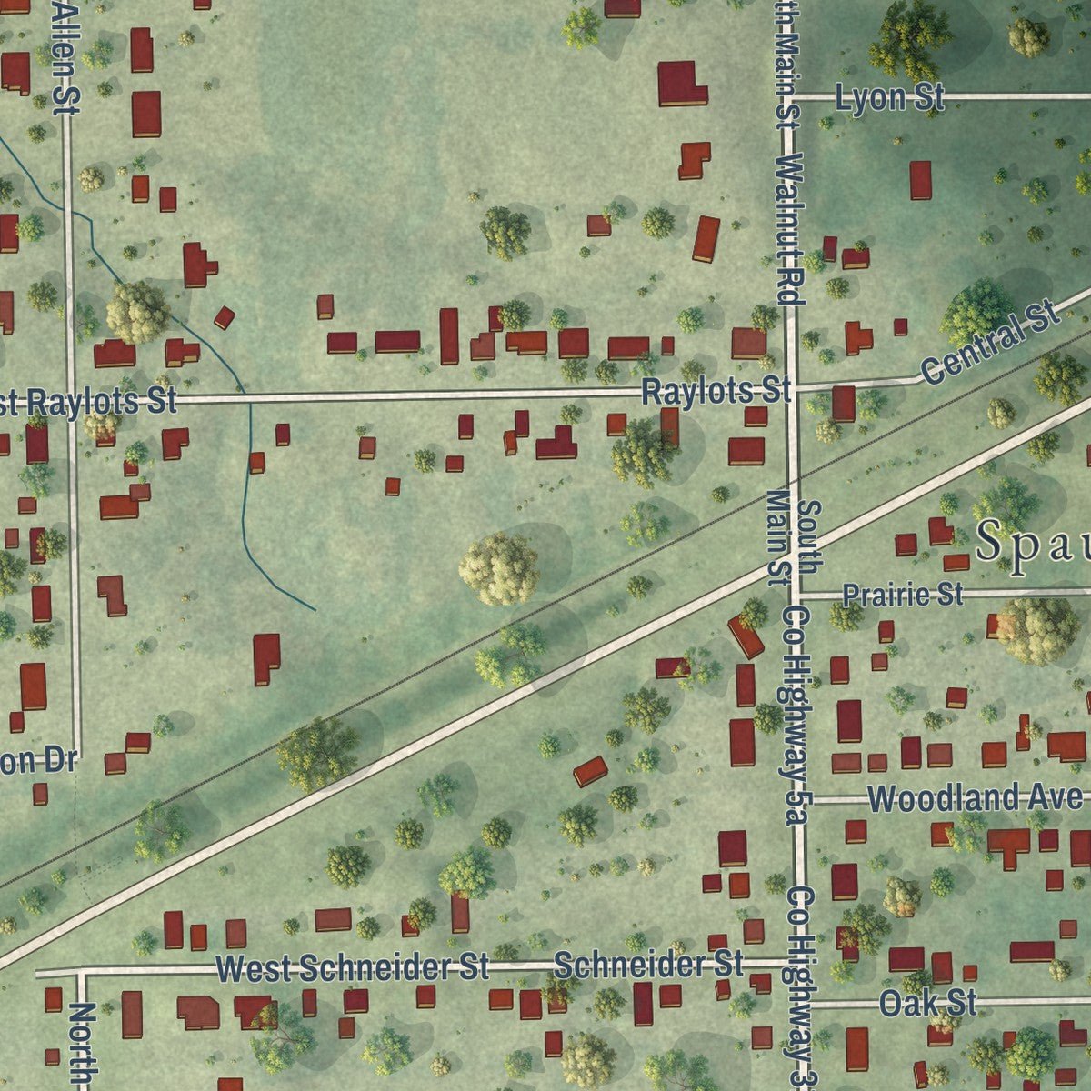 Close-up of the map of Spaulding, Illinois print showing street and building detail