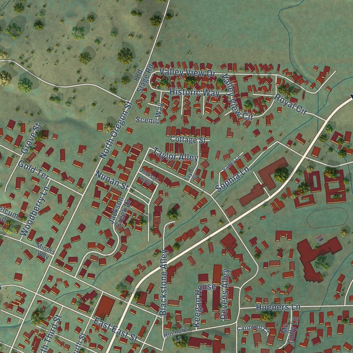 Close-up of the map of Jacksonville, Oregon print showing street and building detail