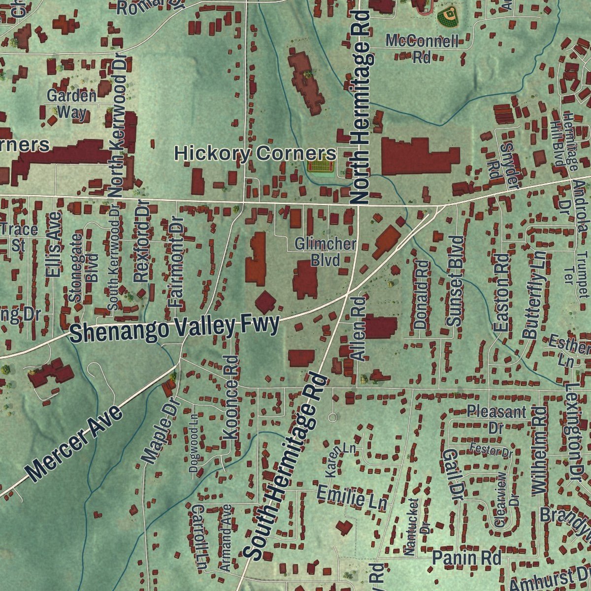 Close-up of the map of Hermitage, Pennsylvania print showing street and building detail