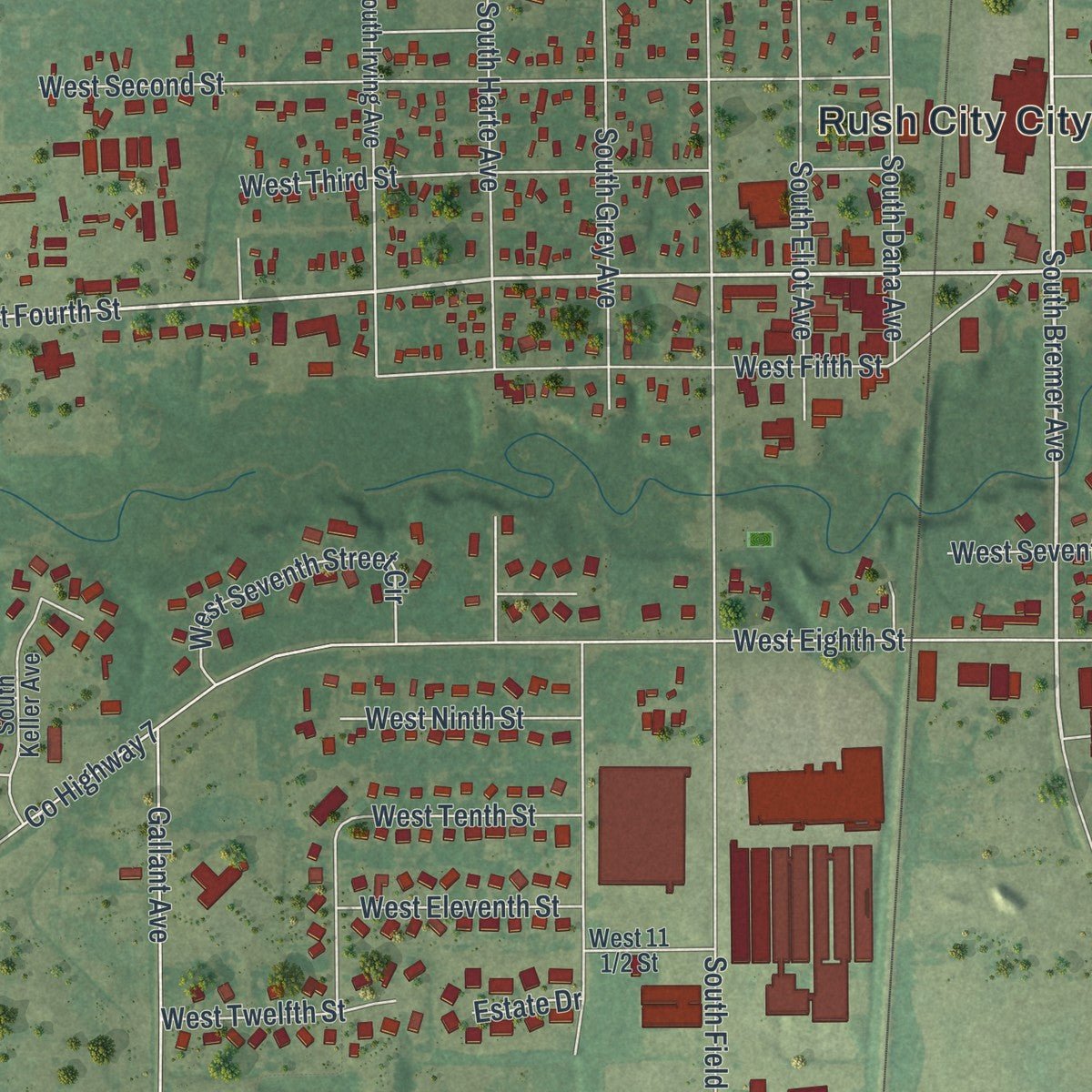 Close-up of the map of Rush City, Minnesota print showing street and building detail