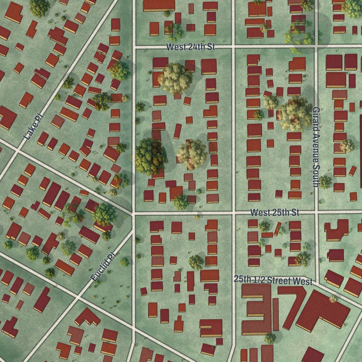 Close-up of the map of East Isles, Minnesota print showing street and building detail