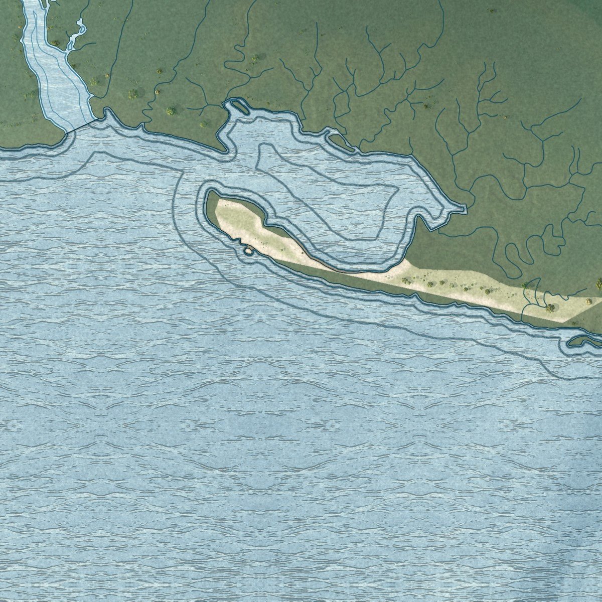 Close-up of the map of Bayou La Batre, Alabama print showing street and building detail