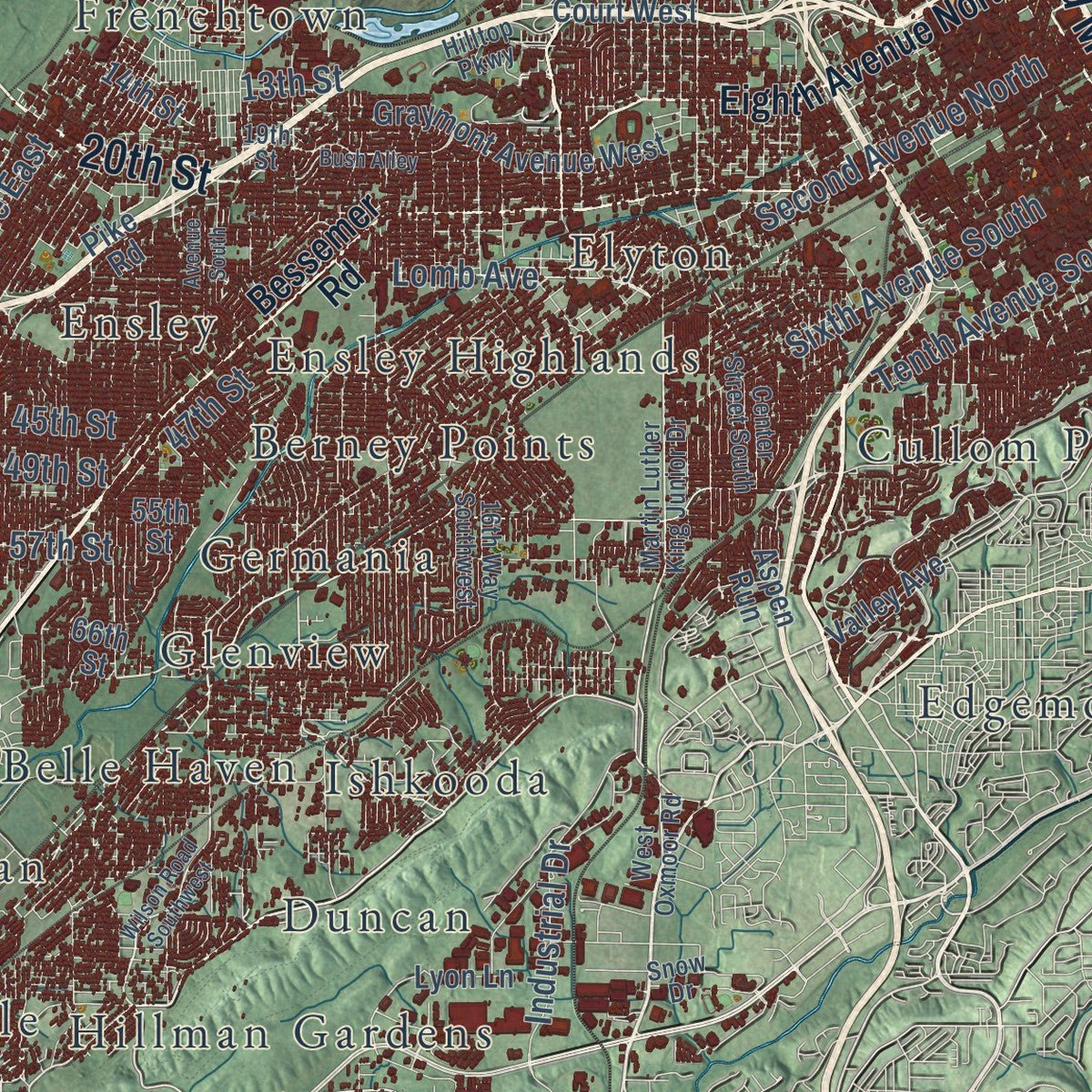 Close-up of the map of Birmingham, Alabama print showing street and building detail