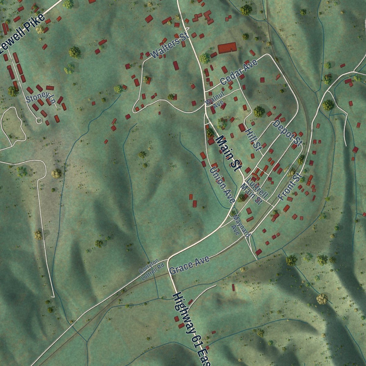 Close-up of the map of Luttrell, Tennessee print showing street and building detail