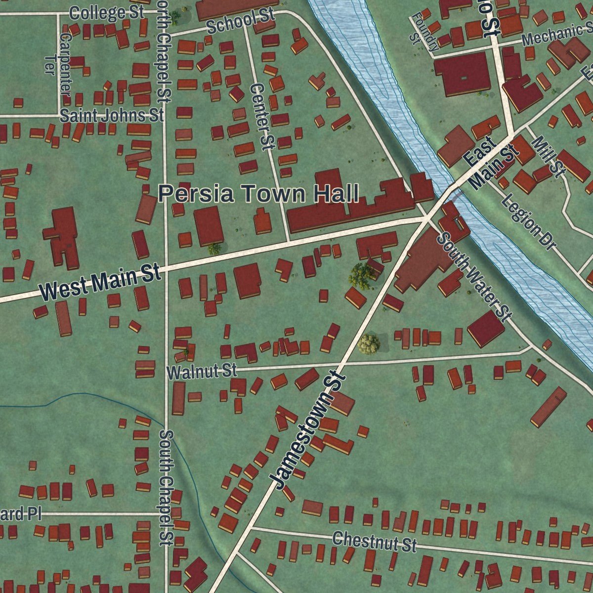 Close-up of the map of Gowanda, New York print showing street and building detail