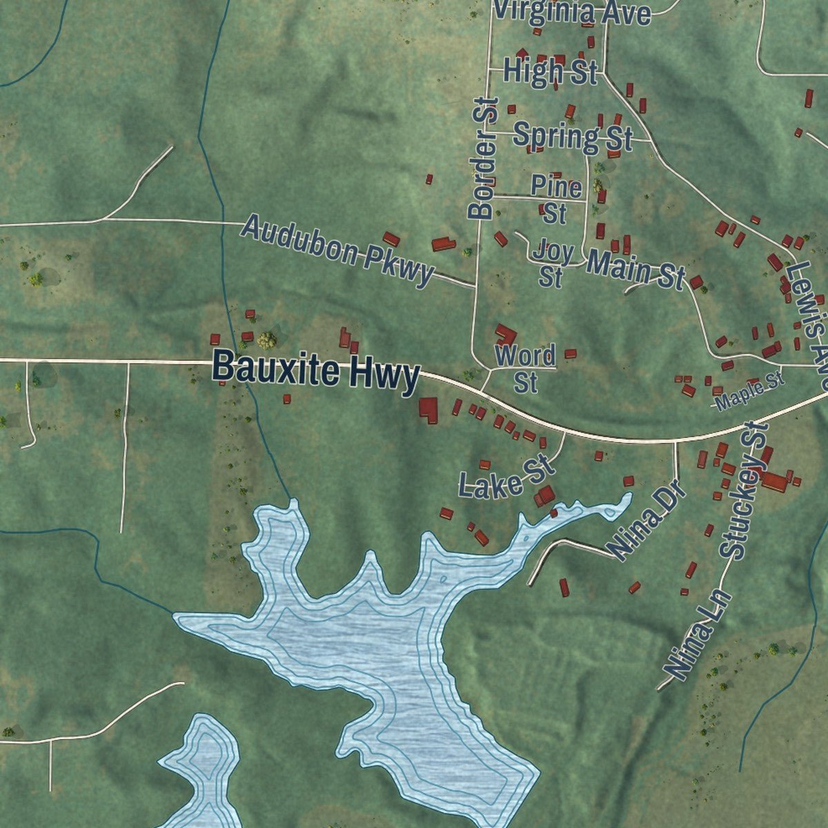 Close-up of the map of Bauxite, Arkansas print showing street and building detail