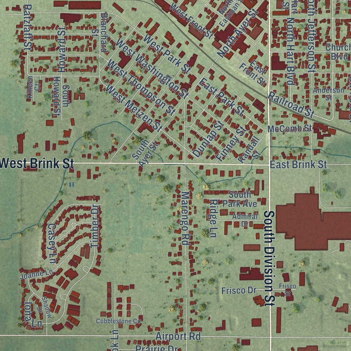 Close-up of the map of Harvard, Illinois print showing street and building detail