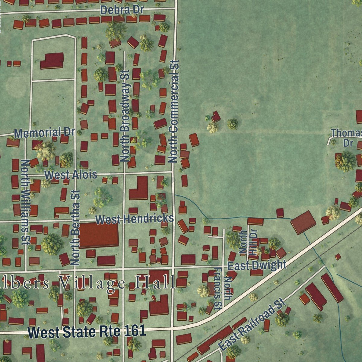 Close-up of the map of Albers, Illinois print showing street and building detail