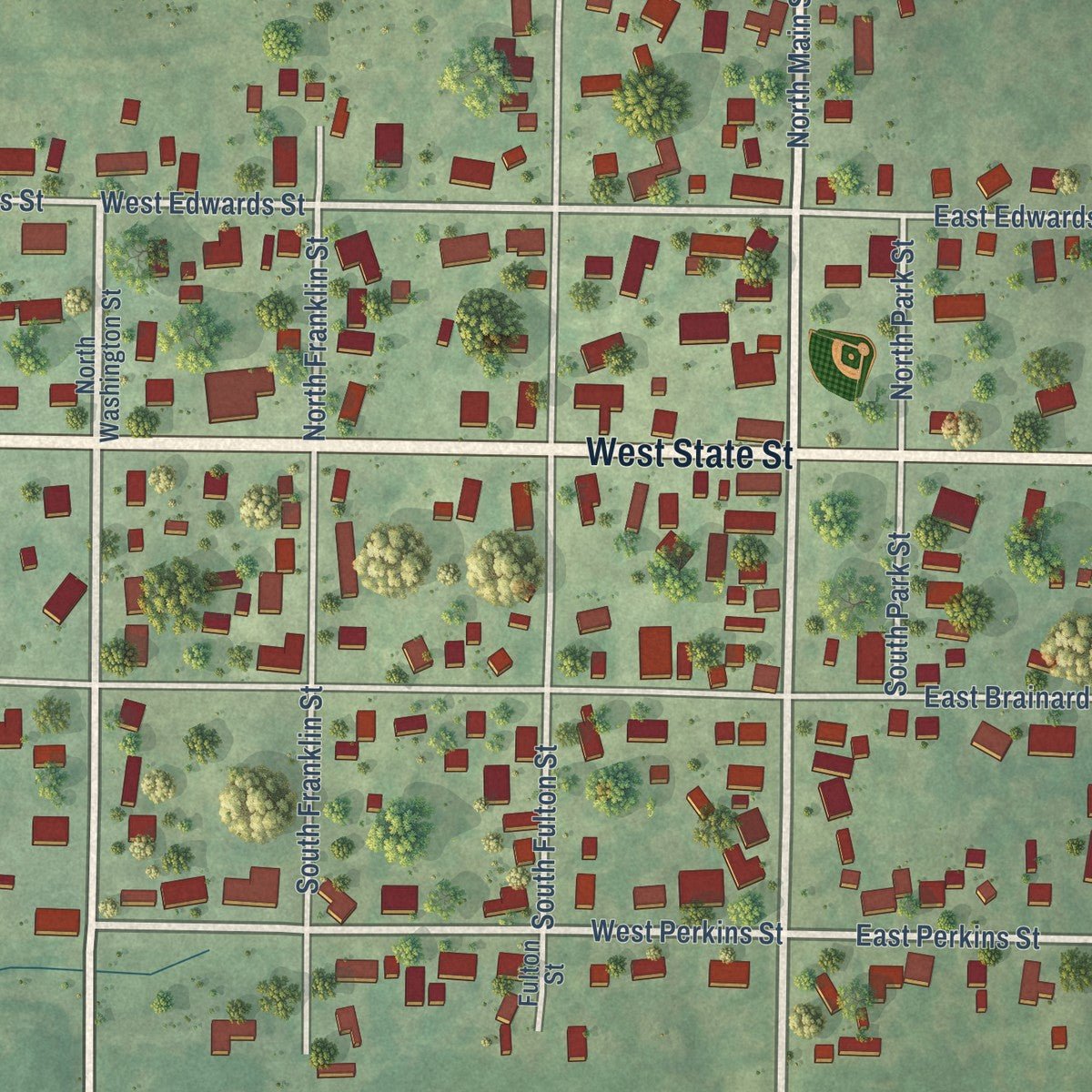 Close-up of the map of Payson, Illinois print showing street and building detail
