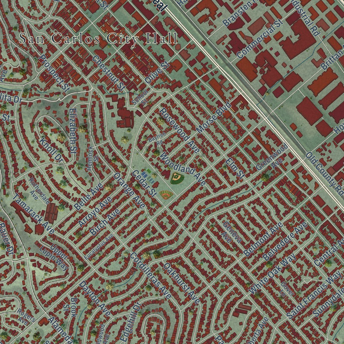 Close-up of the map of San Carlos, California print showing street and building detail