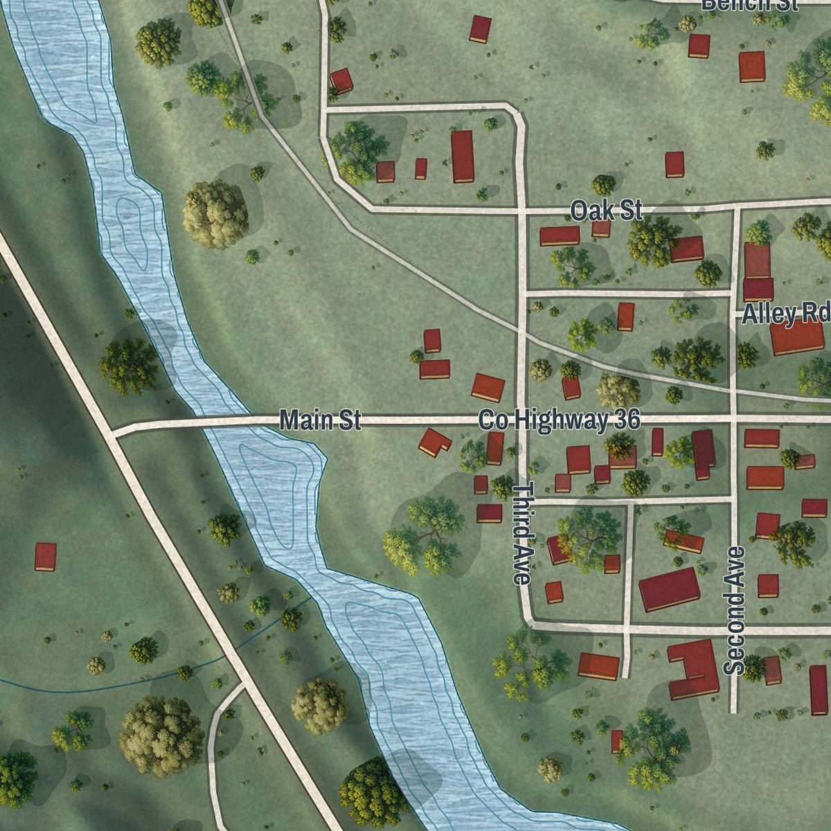 Close-up of the map of Whalan, Minnesota print showing street and building detail