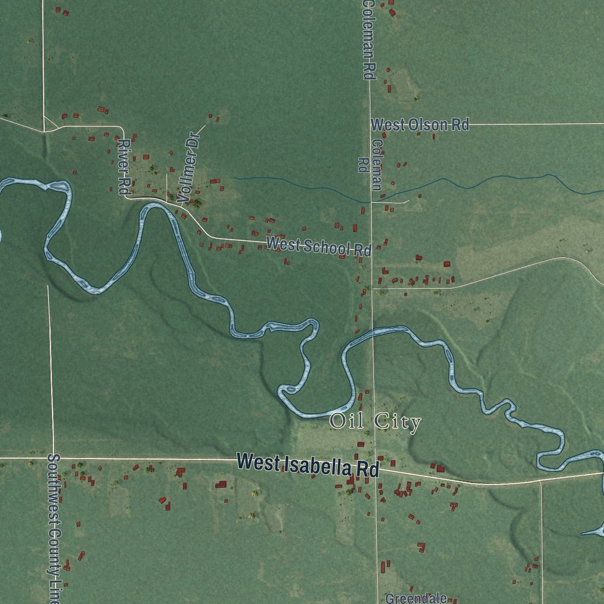 Close-up of the map of Greendale, Michigan print showing street and building detail