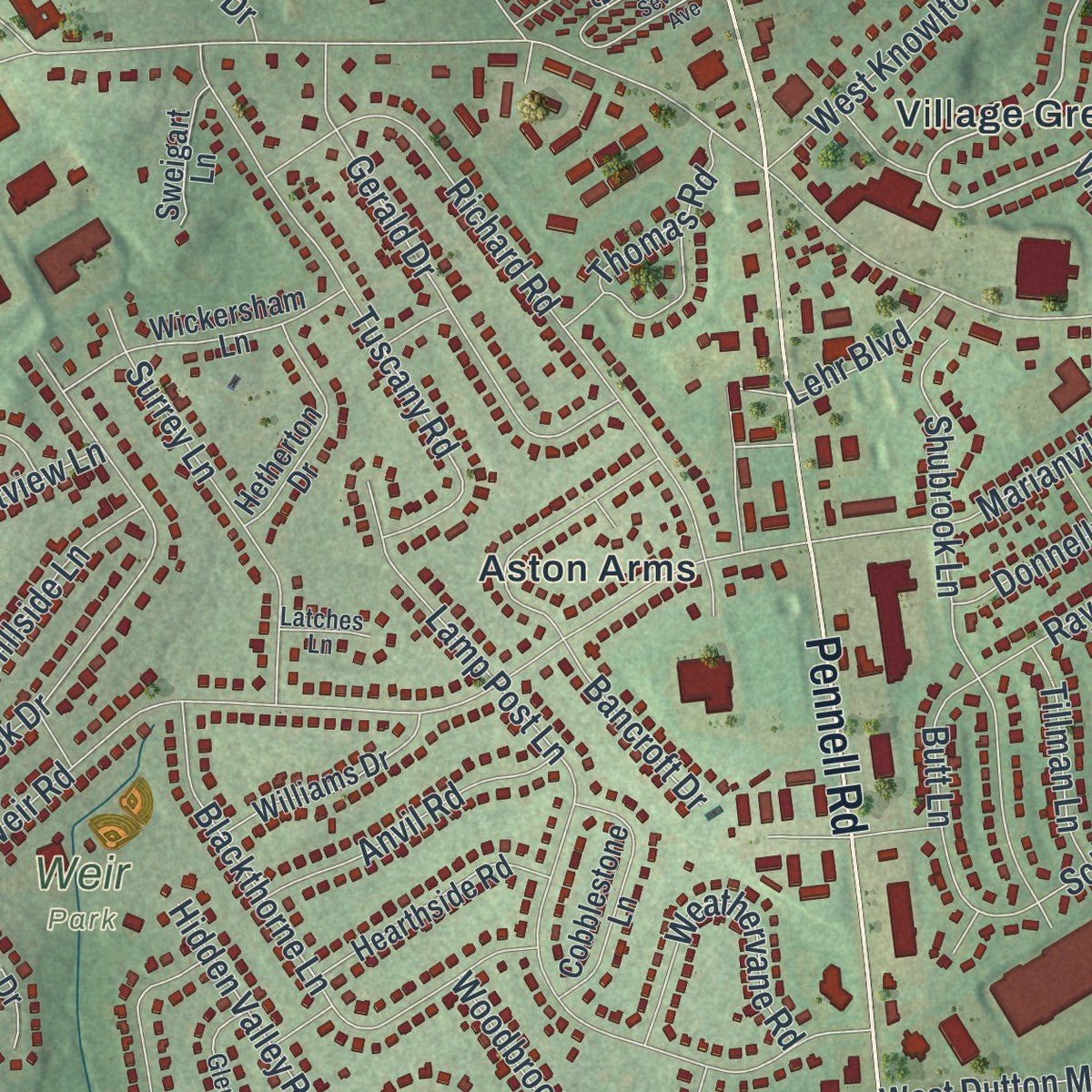 Close-up of the map of Aston, Pennsylvania print showing street and building detail