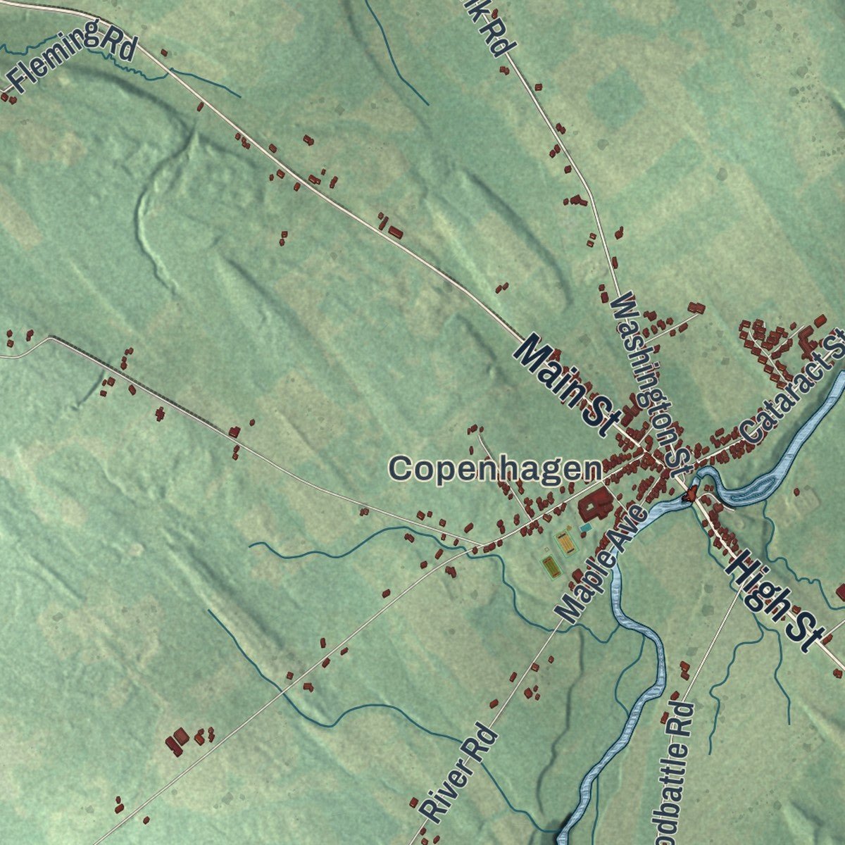 Close-up of the map of Denmark, New York print showing street and building detail