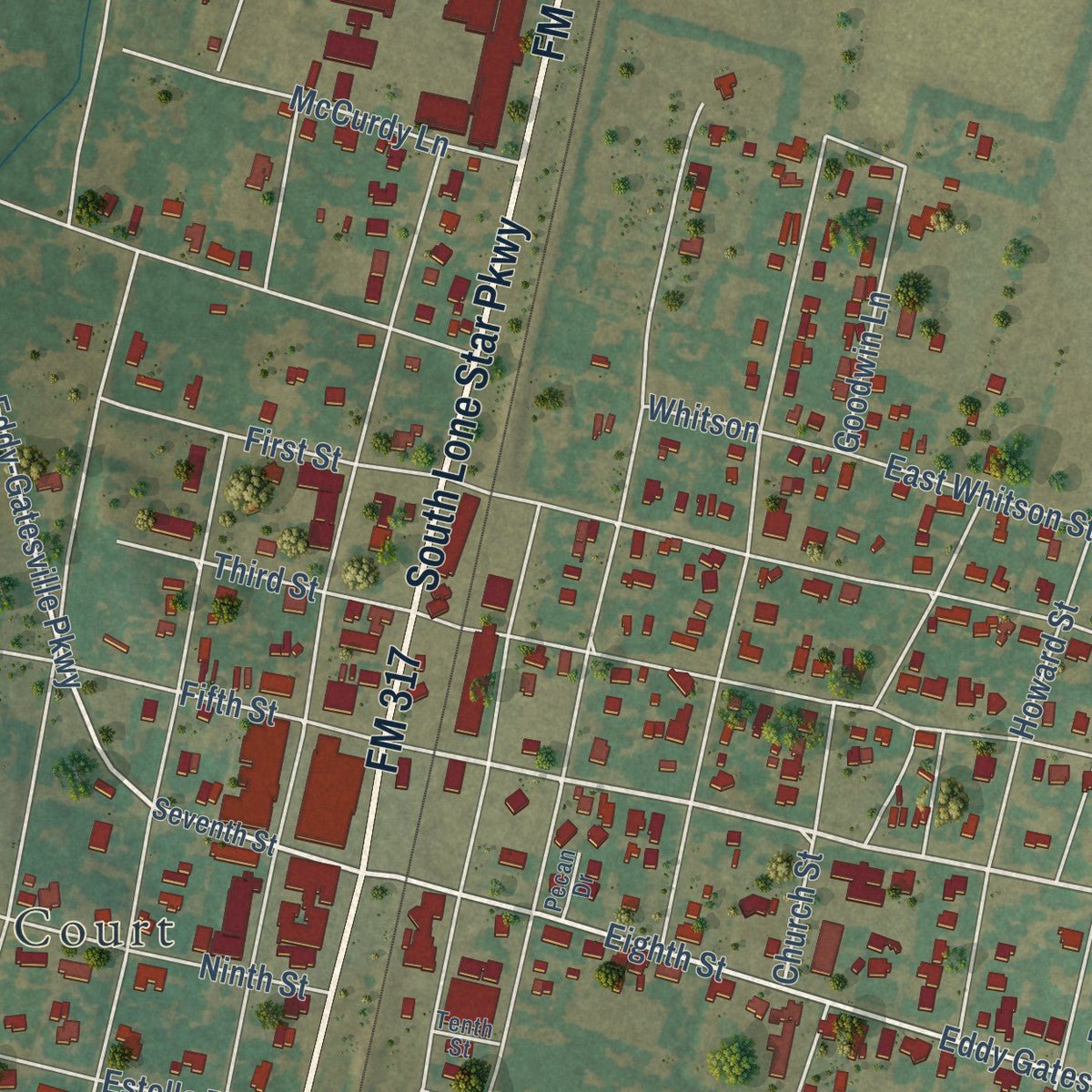 Close-up of the map of Moody, Texas print showing street and building detail