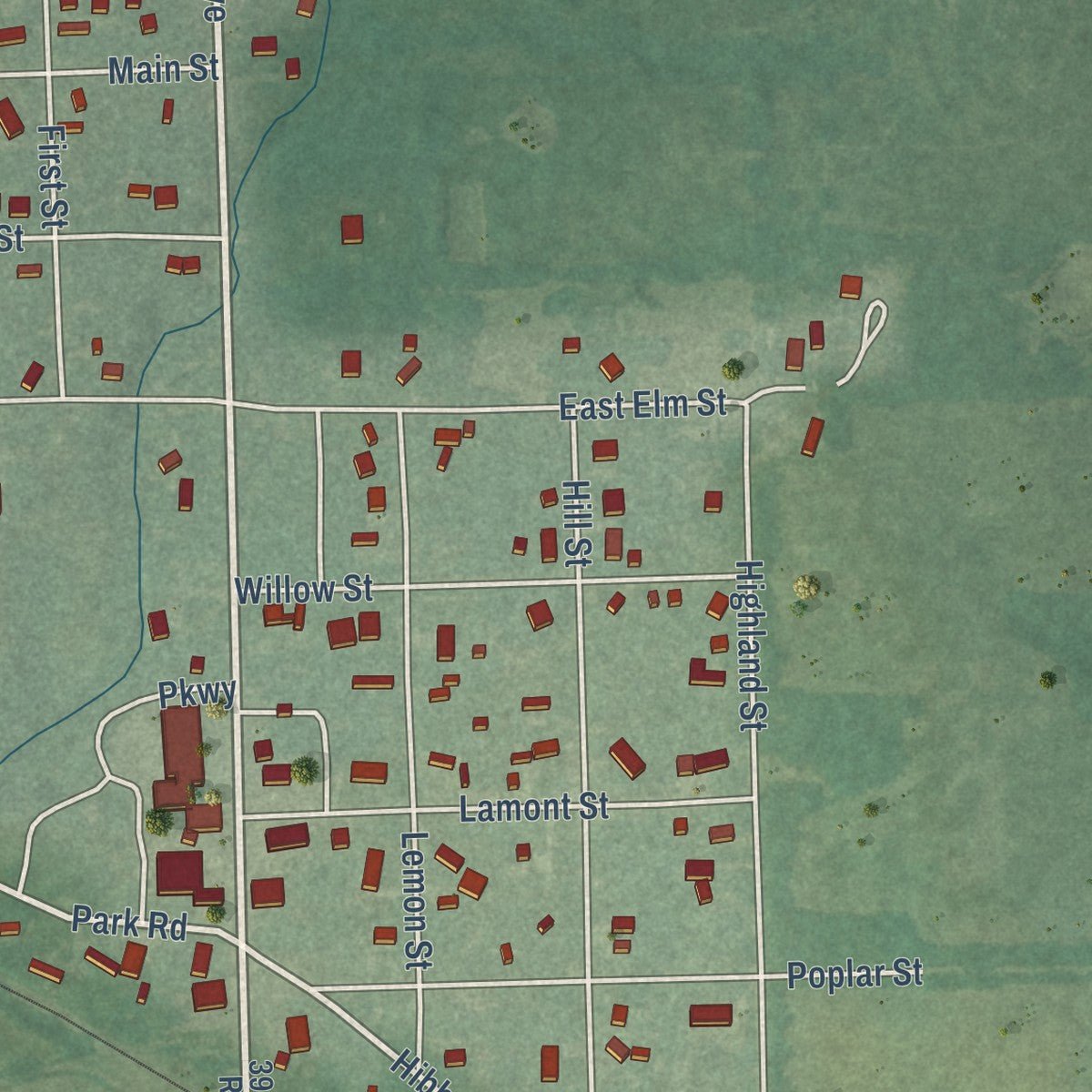 Close-up of the map of Dearing, Kansas print showing street and building detail