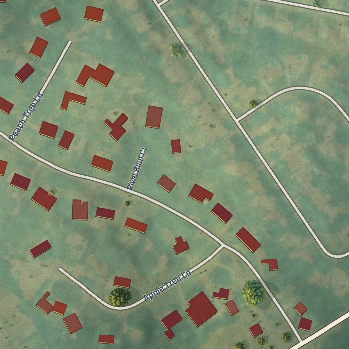 Close-up of the map of River Bluff, Kentucky print showing street and building detail
