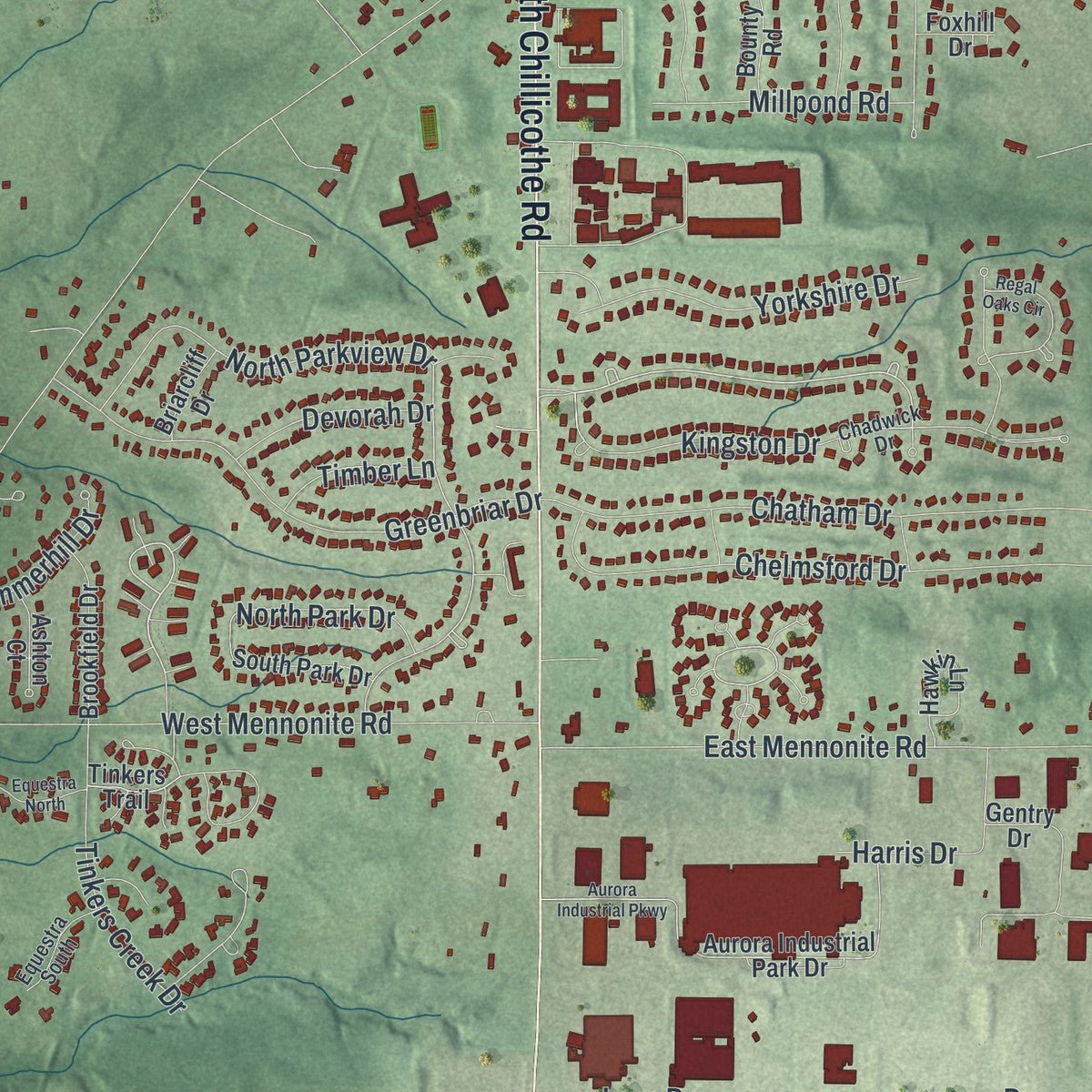 Close-up of the map of Aurora, Ohio print showing street and building detail