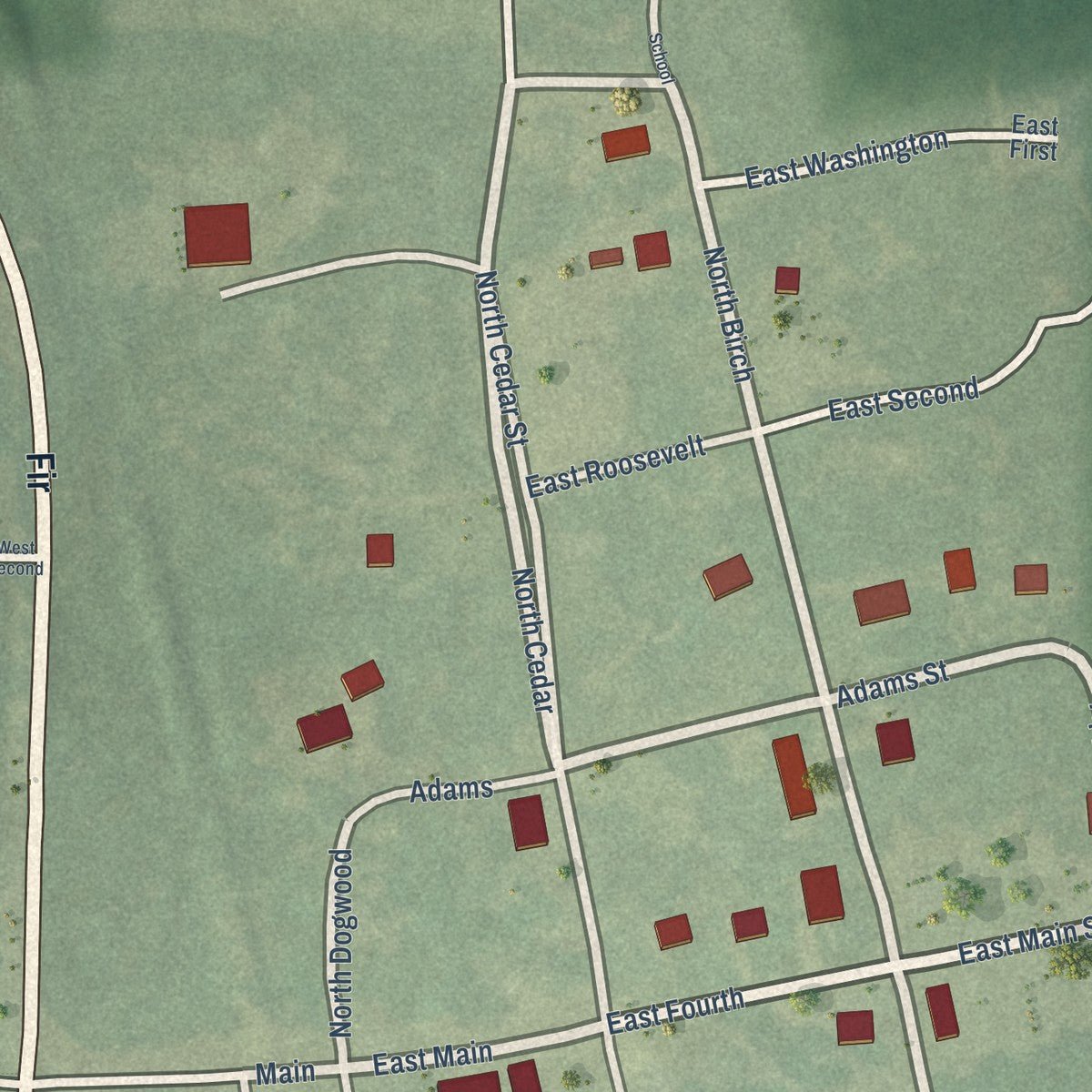 Close-up of the map of Whelen Springs, Arkansas print showing street and building detail
