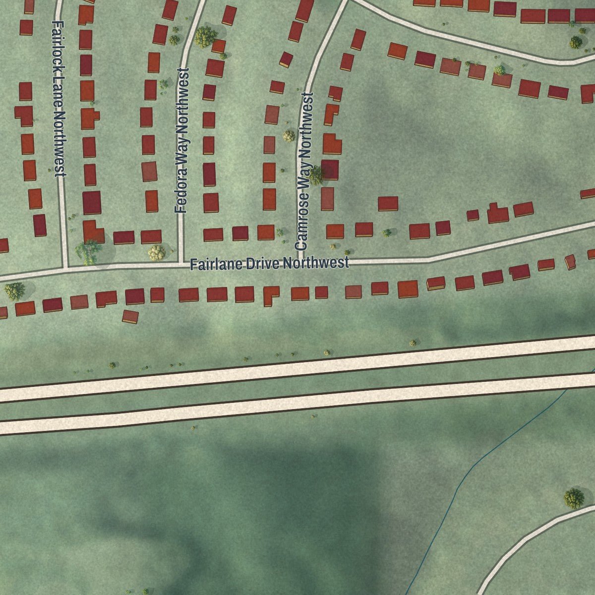 Close-up of the map of Fairburn Heights, Georgia print showing street and building detail
