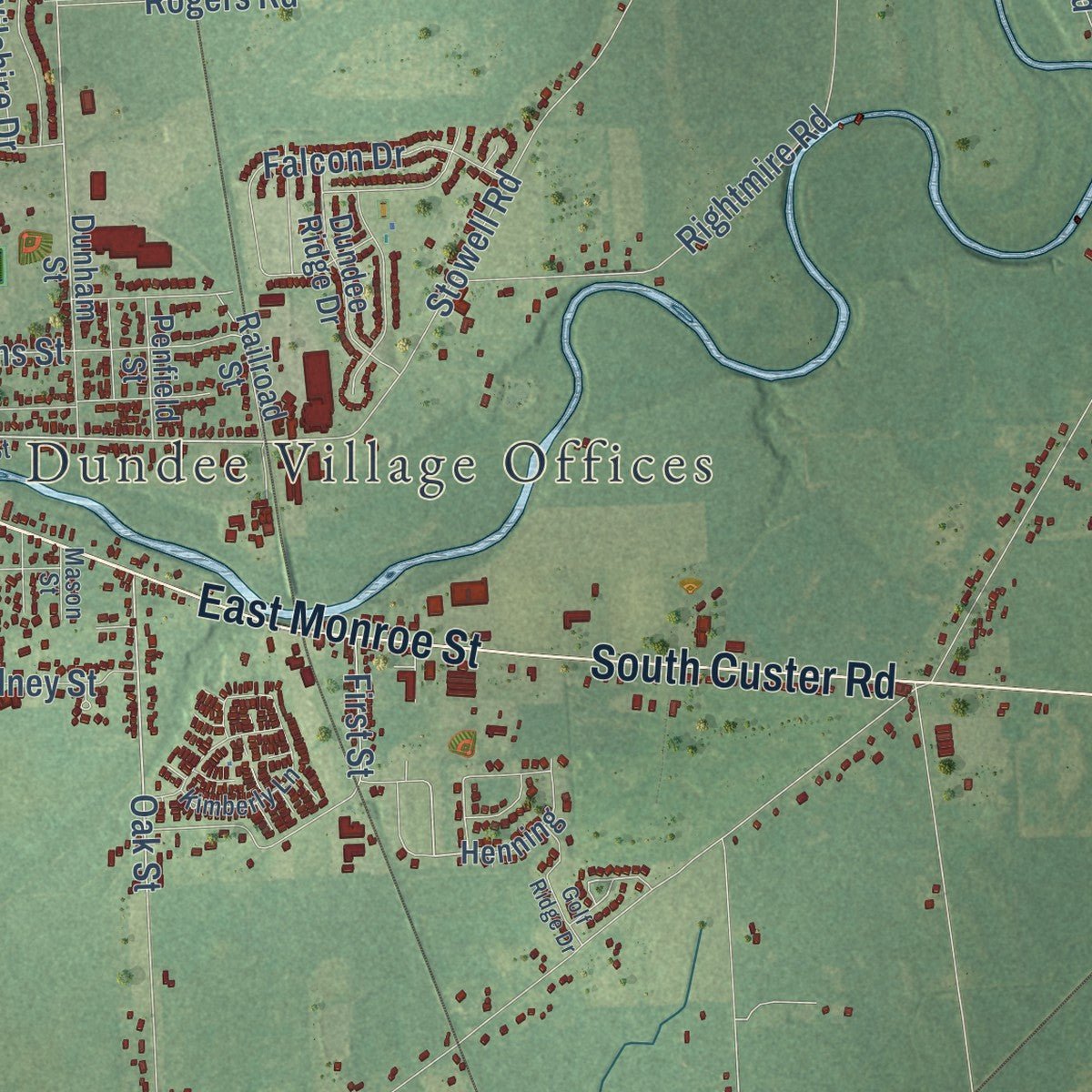 Close-up of the map of Dundee, Monroe County, Michigan print showing street and building detail