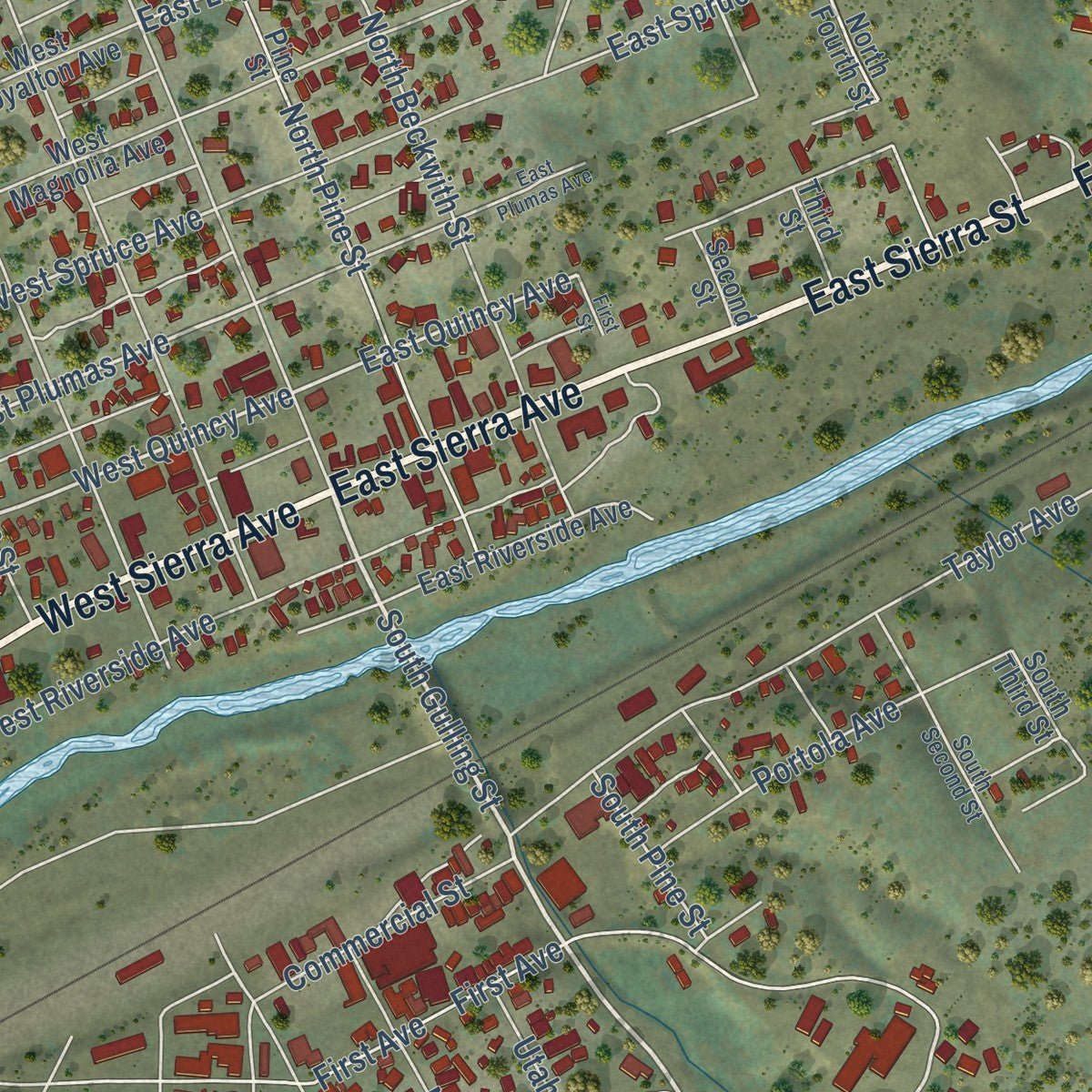 Close-up of the map of Portola, California print showing street and building detail