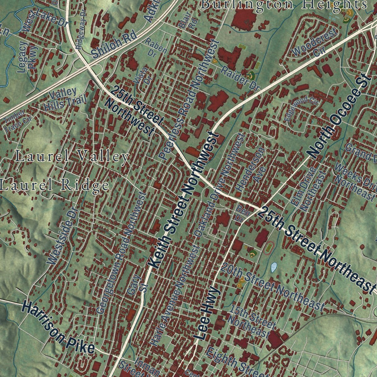 Close-up of the map of Cleveland, Tennessee print showing street and building detail