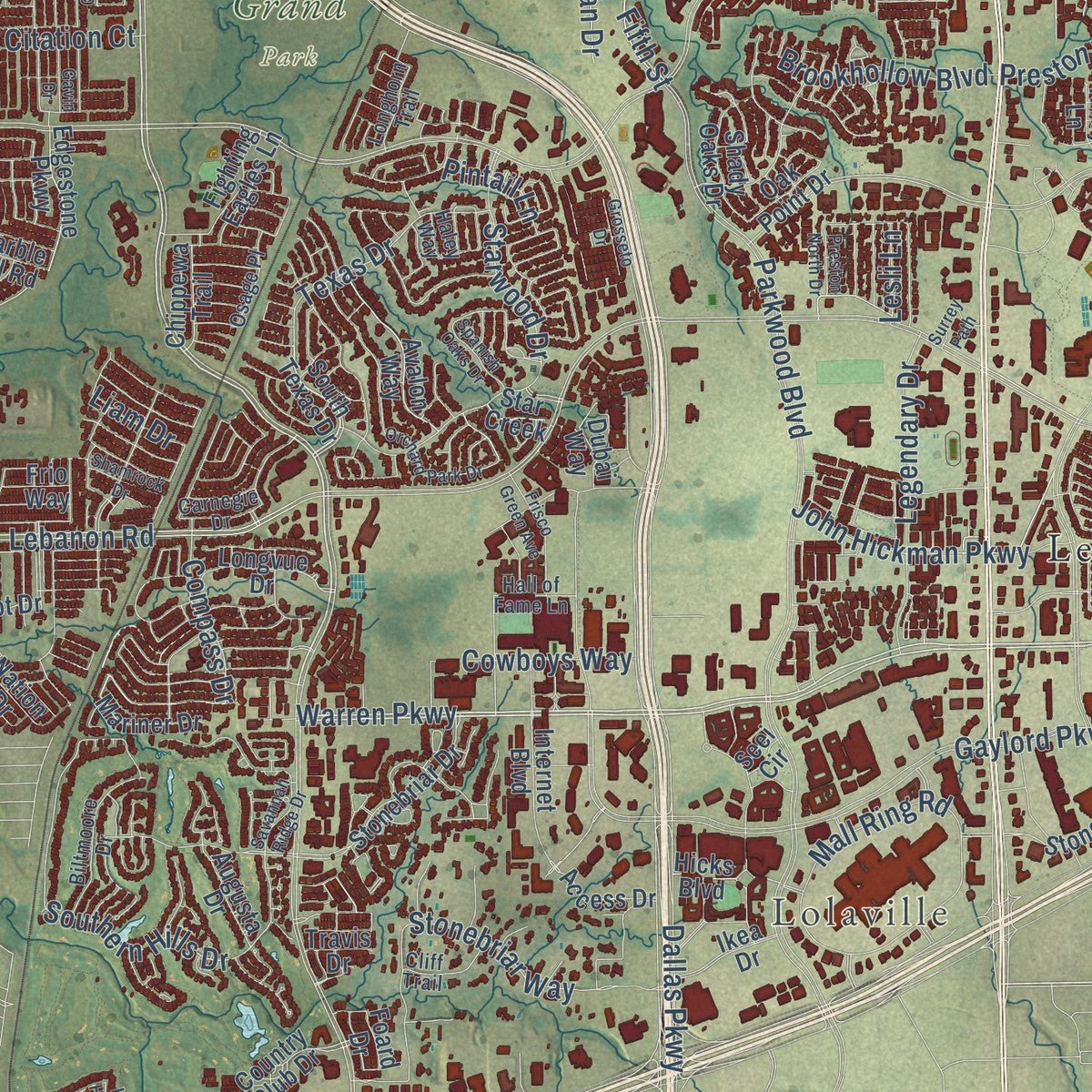 Close-up of the map of Frisco, Texas print showing street and building detail