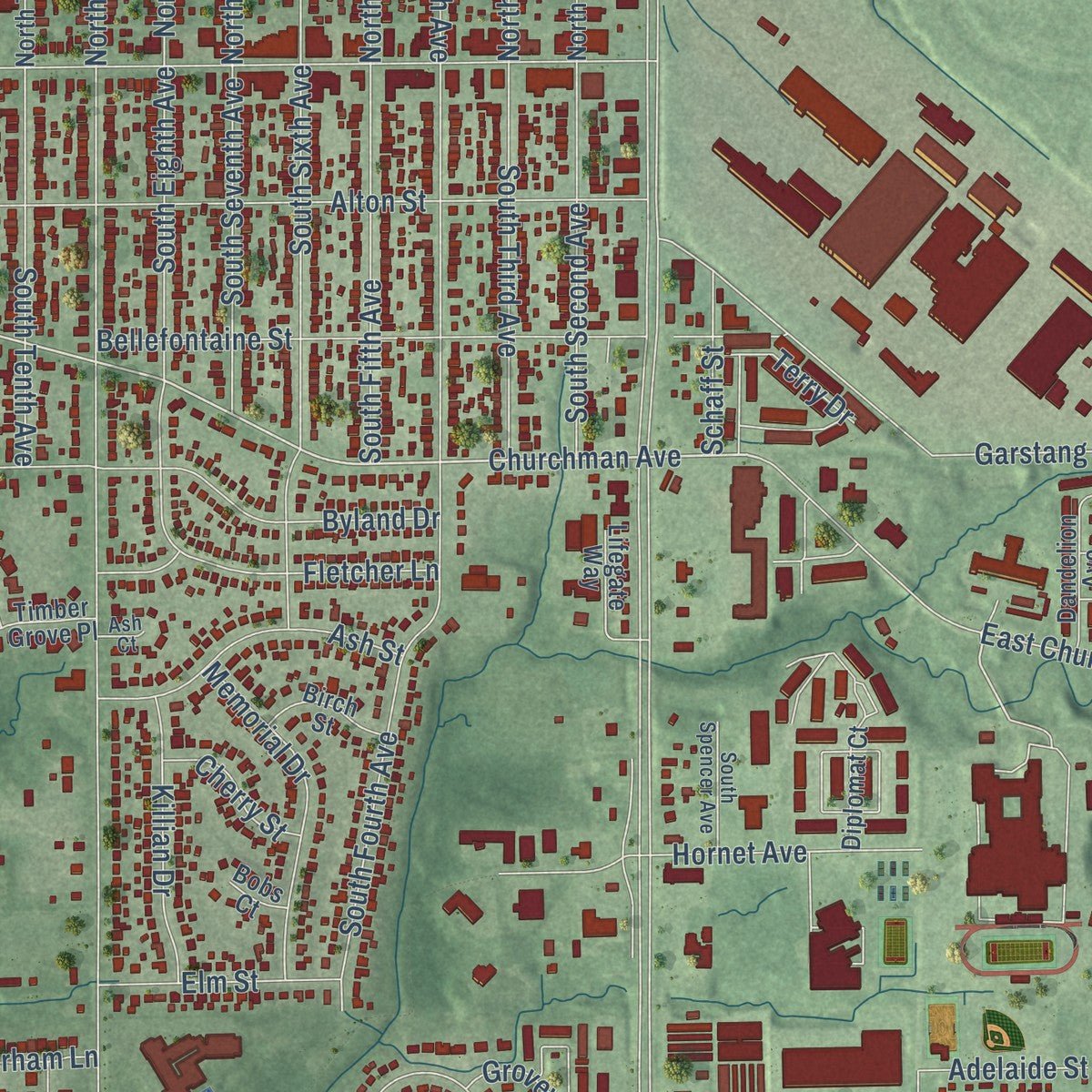 Close-up of the map of Beech Grove, Indiana print showing street and building detail