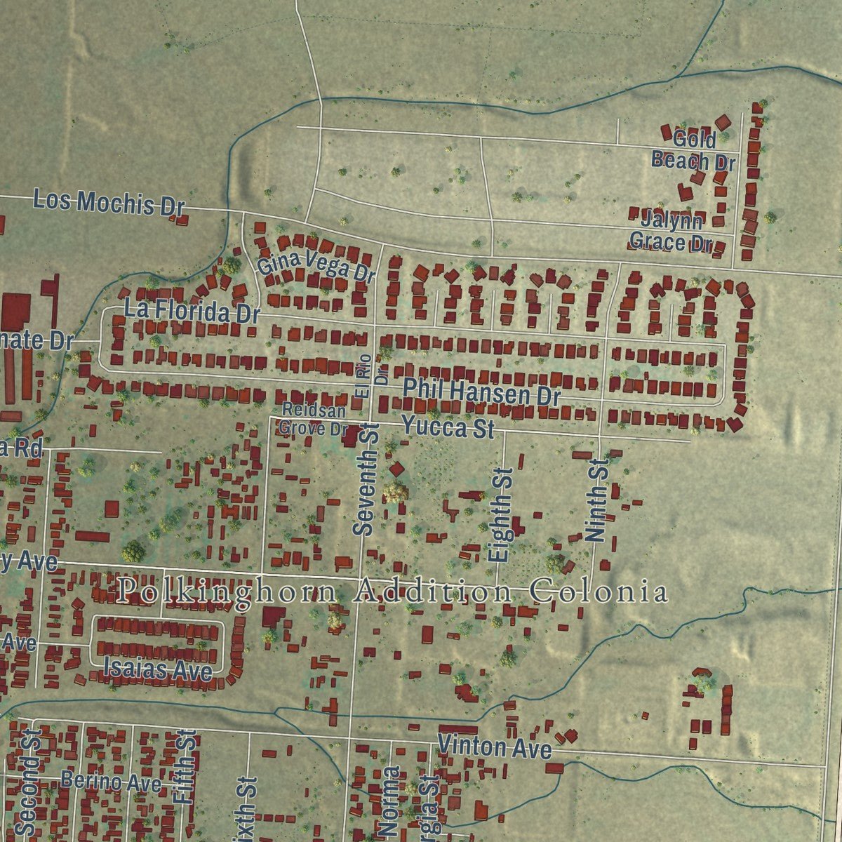 Close-up of the map of Canutillo, Texas print showing street and building detail
