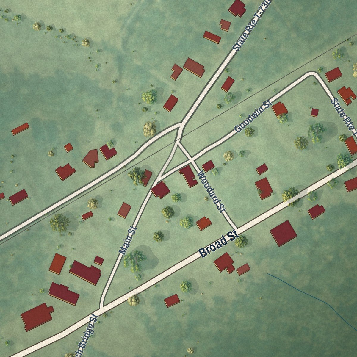 Close-up of the map of Branchville, Virginia print showing street and building detail