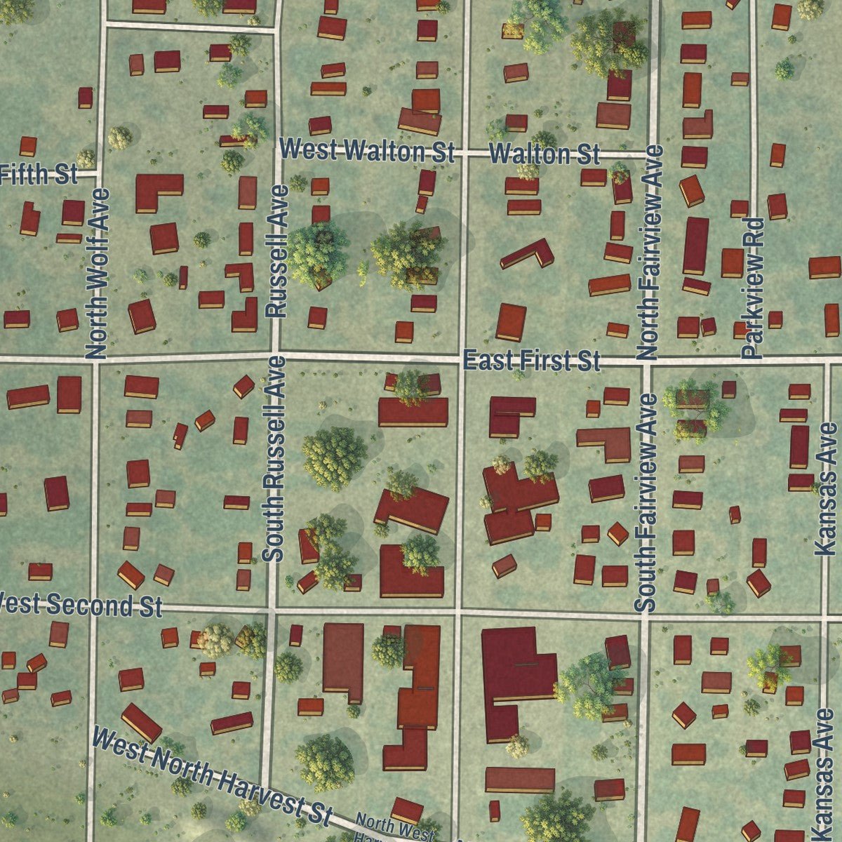 Close-up of the map of Lucas, Kansas print showing street and building detail