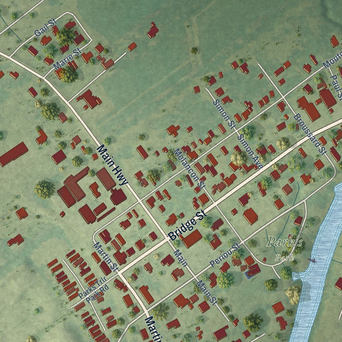 Close-up of the map of Parks, Louisiana print showing street and building detail