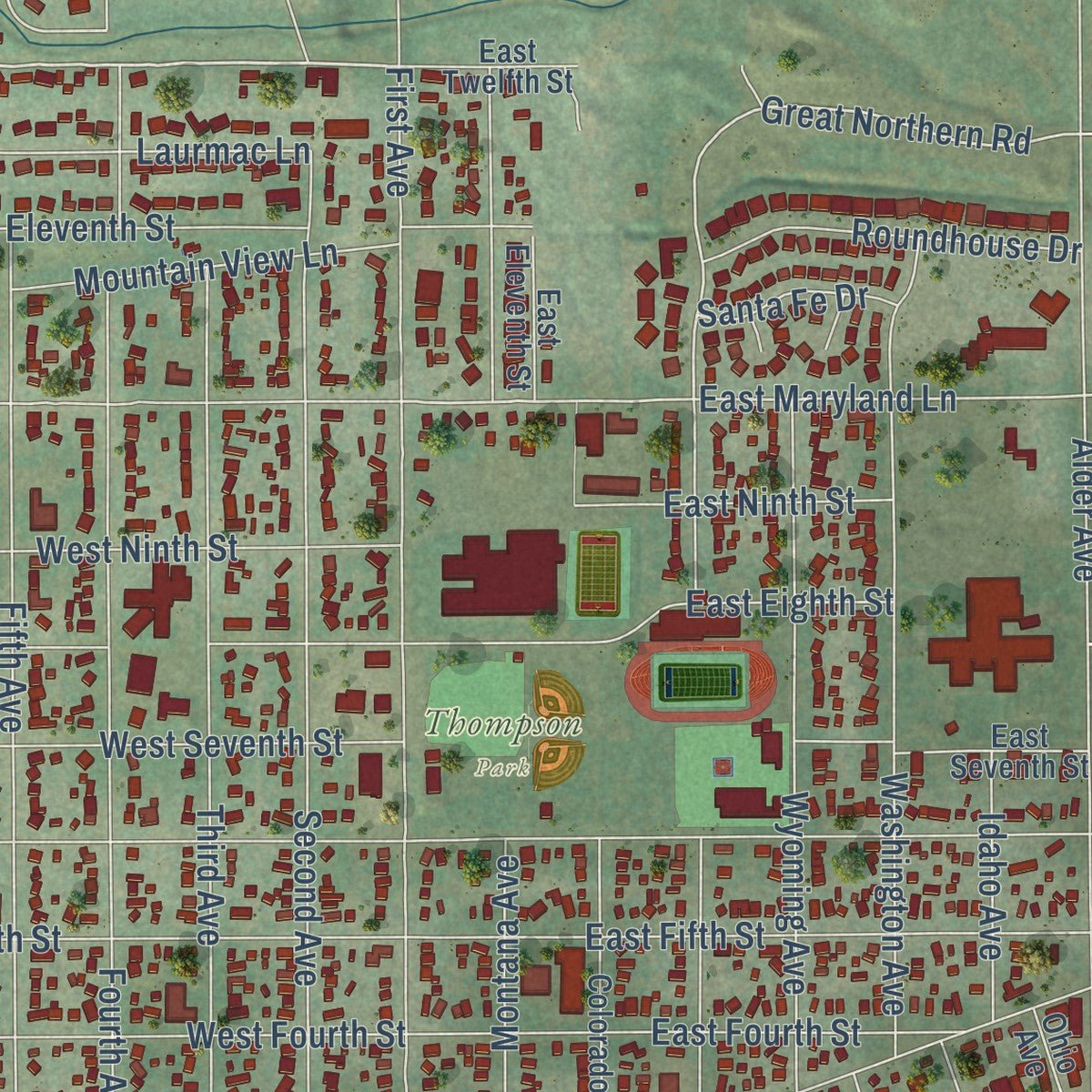 Close-up of the map of Laurel, Montana print showing street and building detail