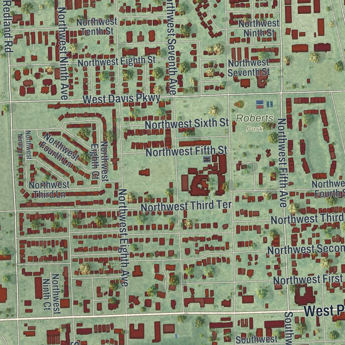 Close-up of the map of Florida City, Florida print showing street and building detail