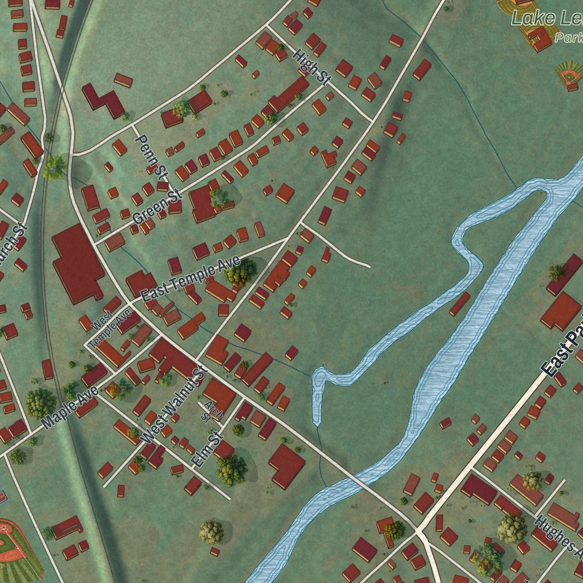 Close-up of the map of Sellersville, Pennsylvania print showing street and building detail