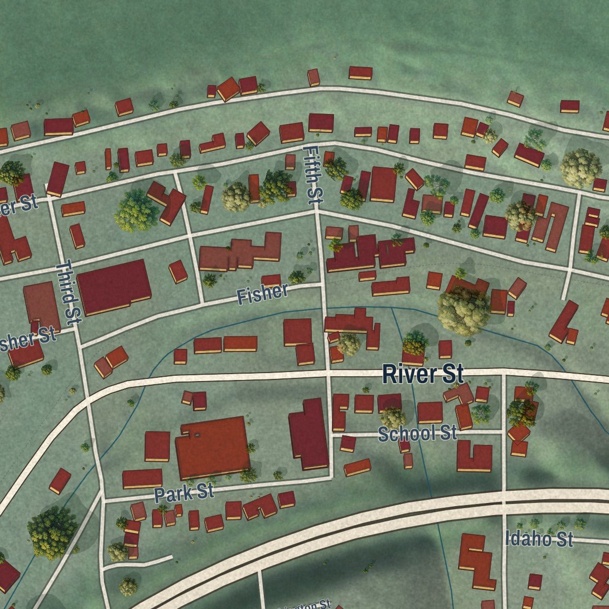 Close-up of the map of Mullan, Idaho print showing street and building detail