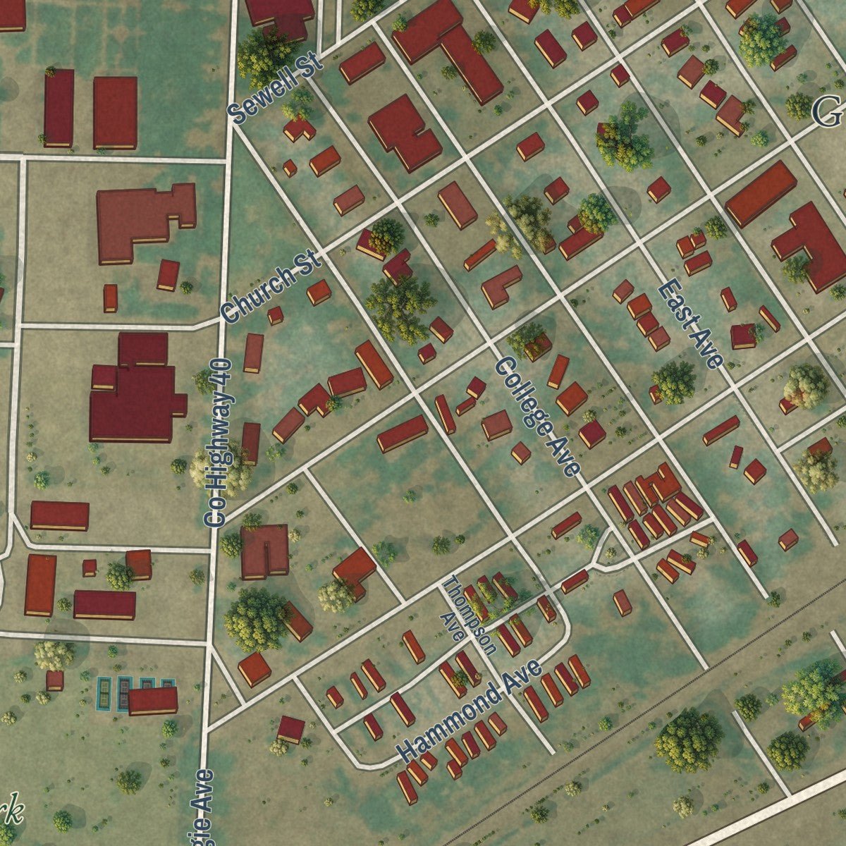 Close-up of the map of Goodwell, Oklahoma print showing street and building detail
