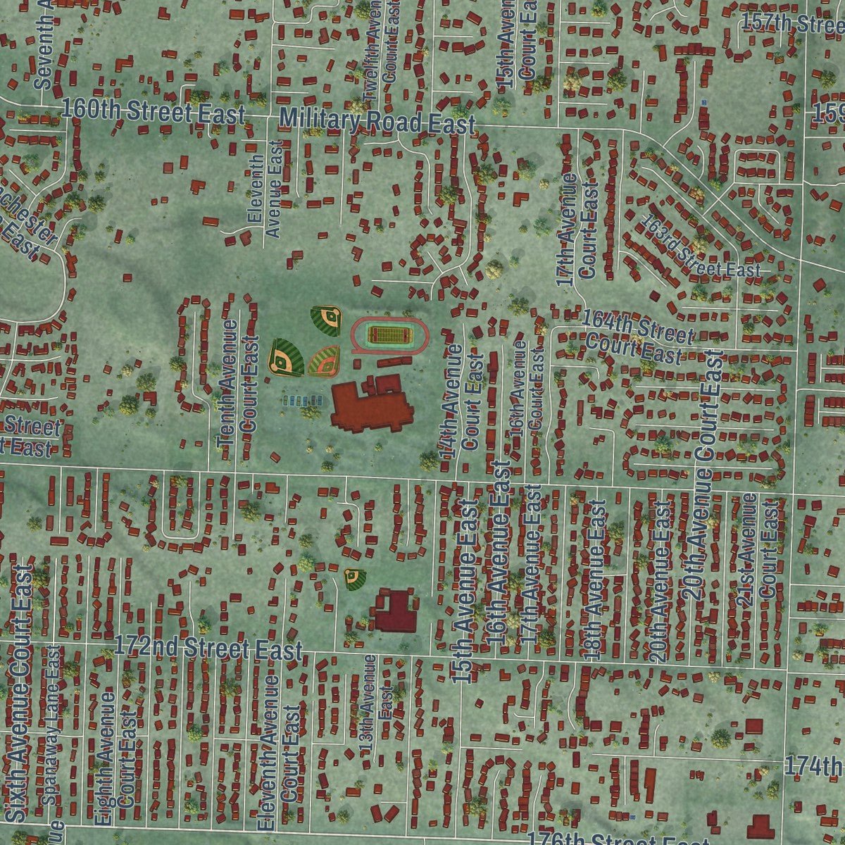 Close-up of the map of Spanaway, Washington print showing street and building detail