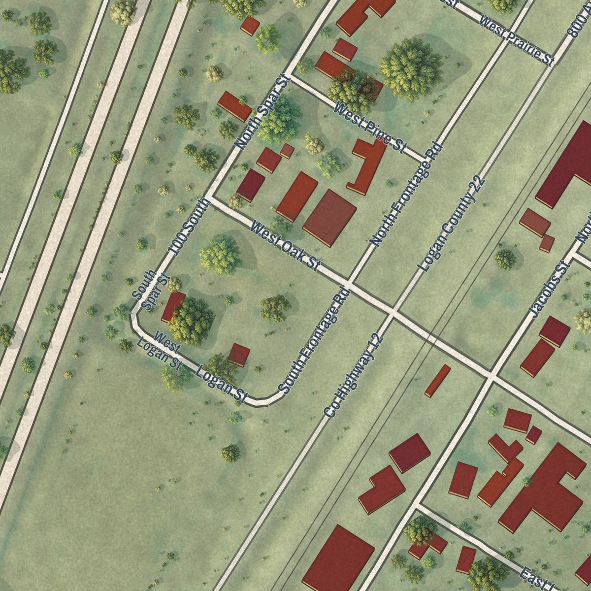 Close-up of the map of Broadwell, Illinois print showing street and building detail