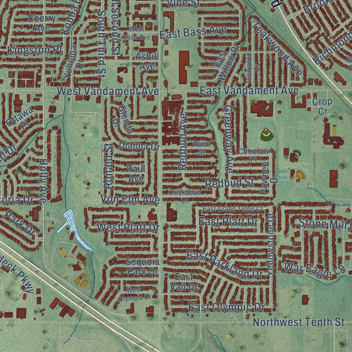 Close-up of the map of Yukon, Oklahoma print showing street and building detail