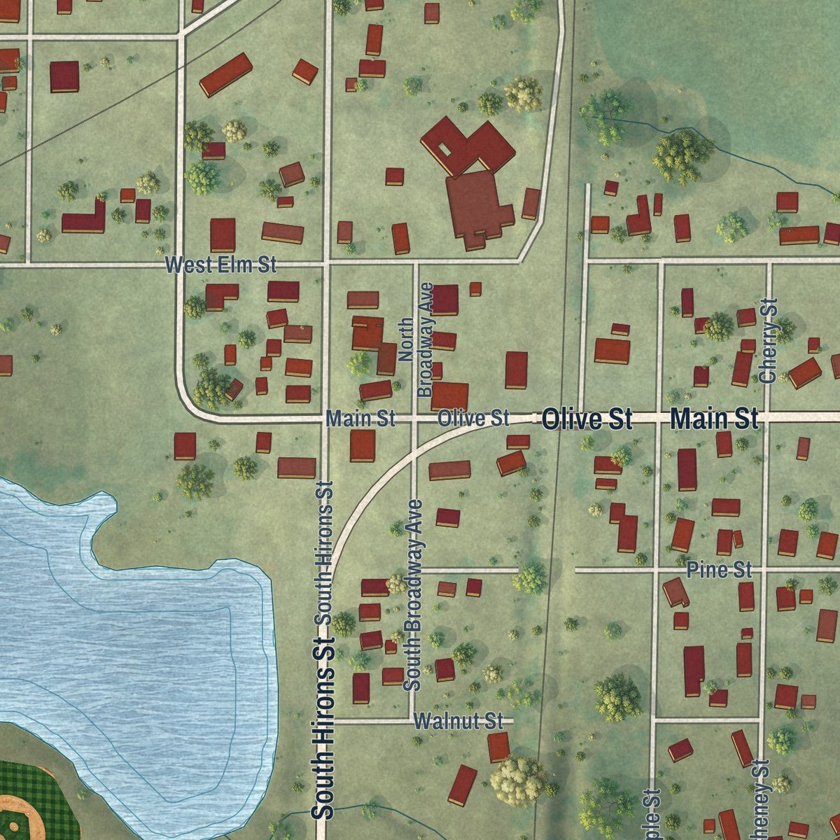 Close-up of the map of Waltonville, Illinois print showing street and building detail