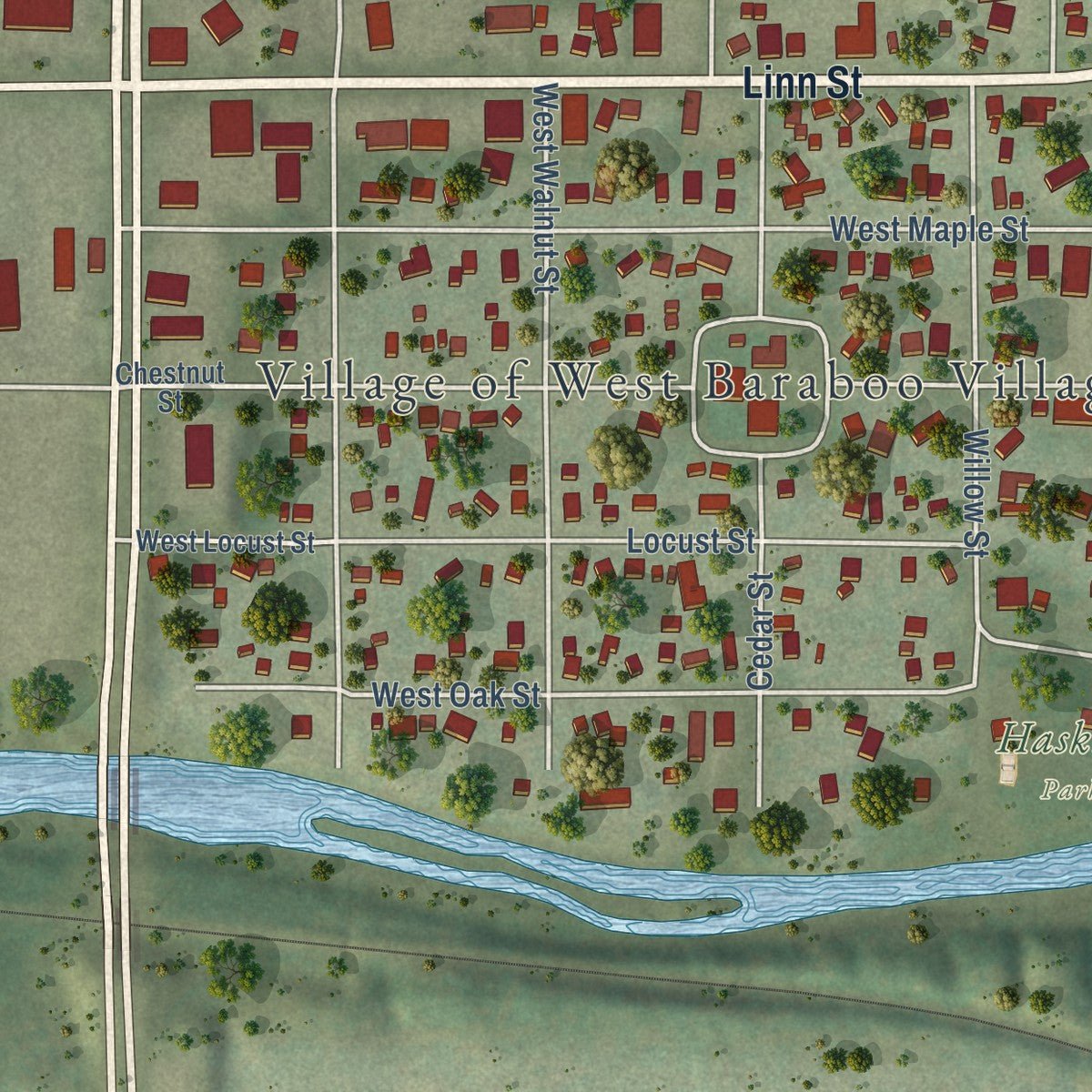Close-up of the map of West Baraboo, Wisconsin print showing street and building detail
