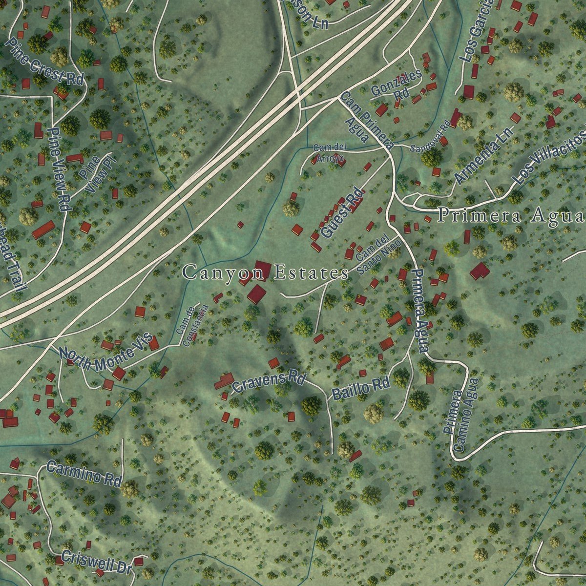 Close-up of the map of Tijeras, New Mexico print showing street and building detail