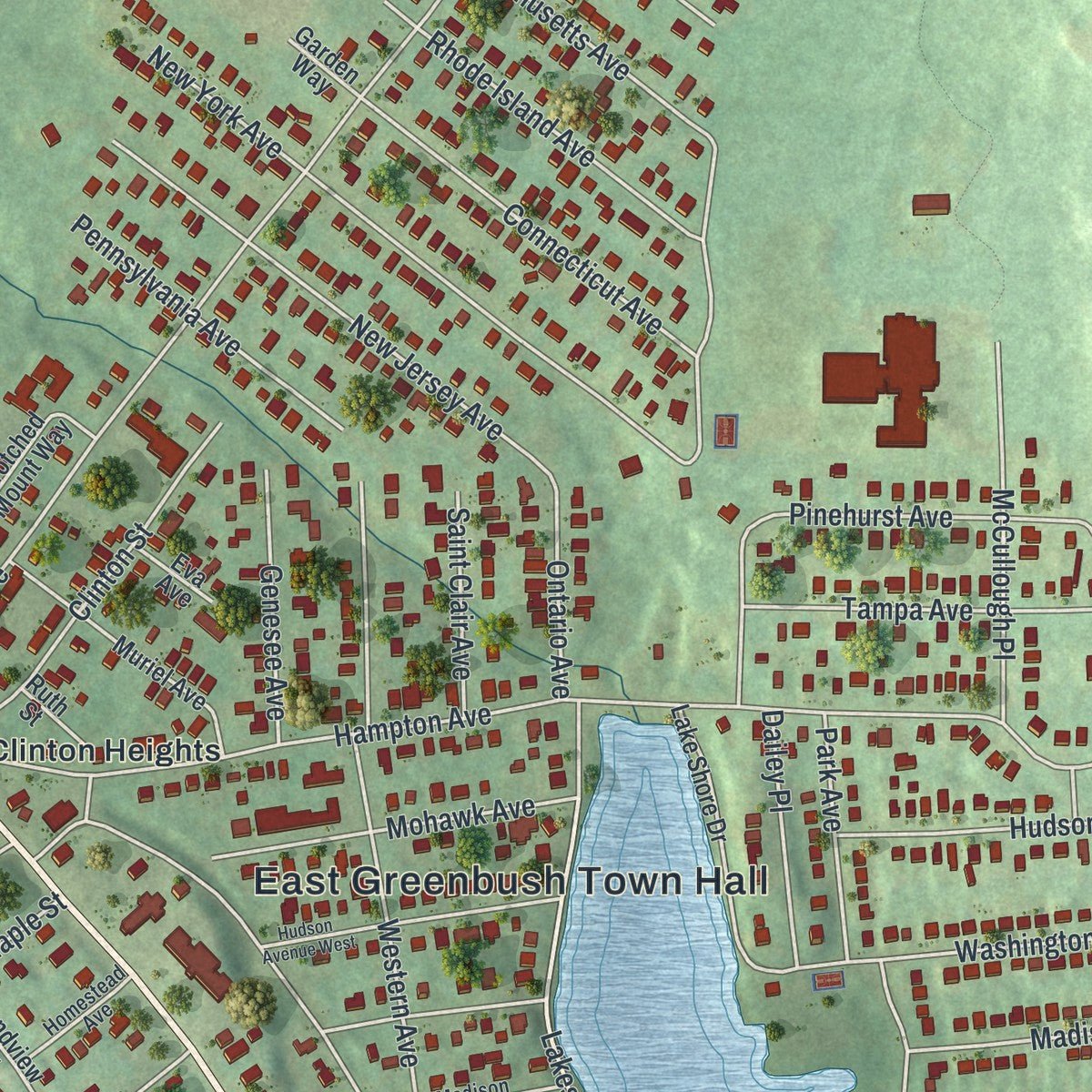 Close-up of the map of Hampton Manor, New York print showing street and building detail