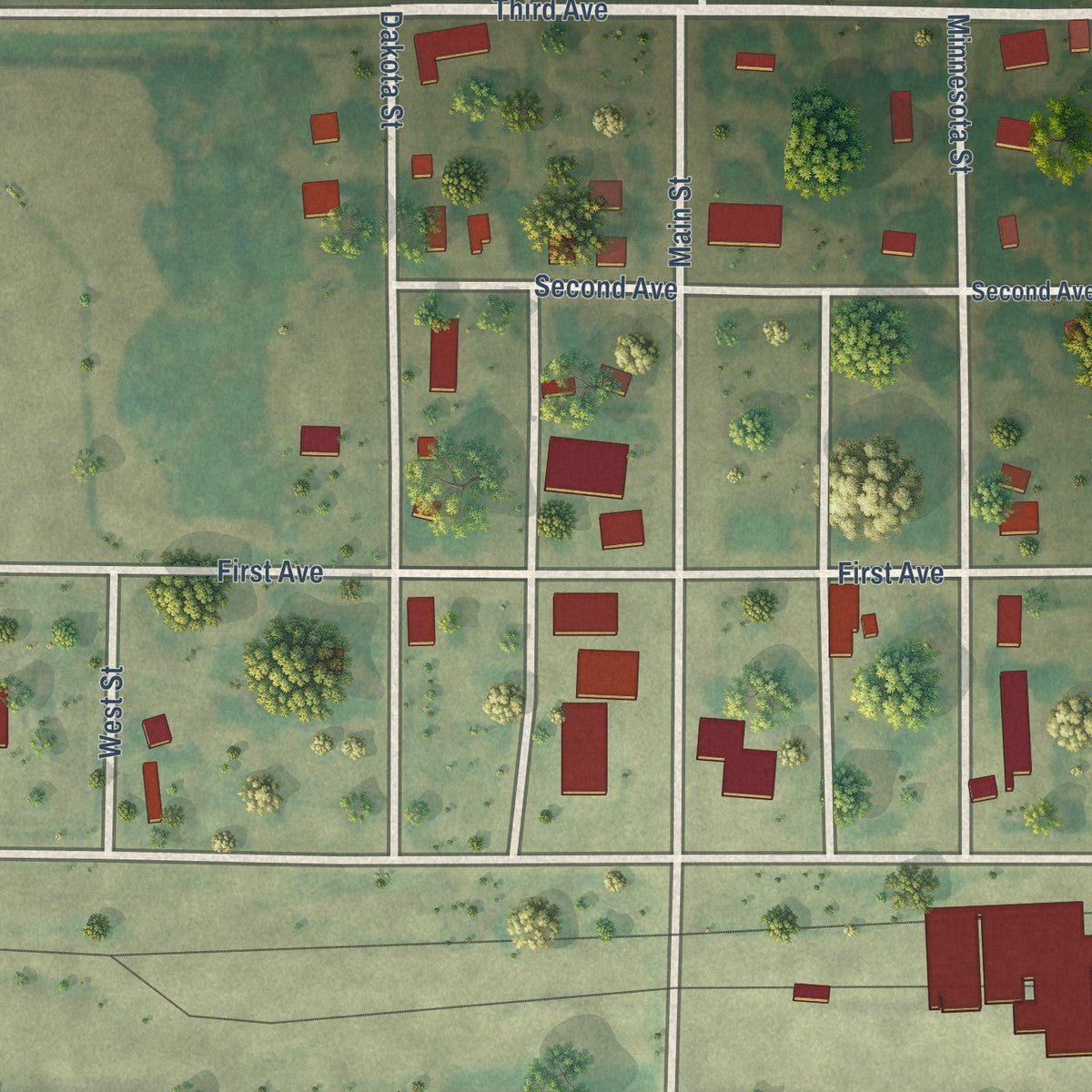 Close-up of the map of Souris, North Dakota print showing street and building detail