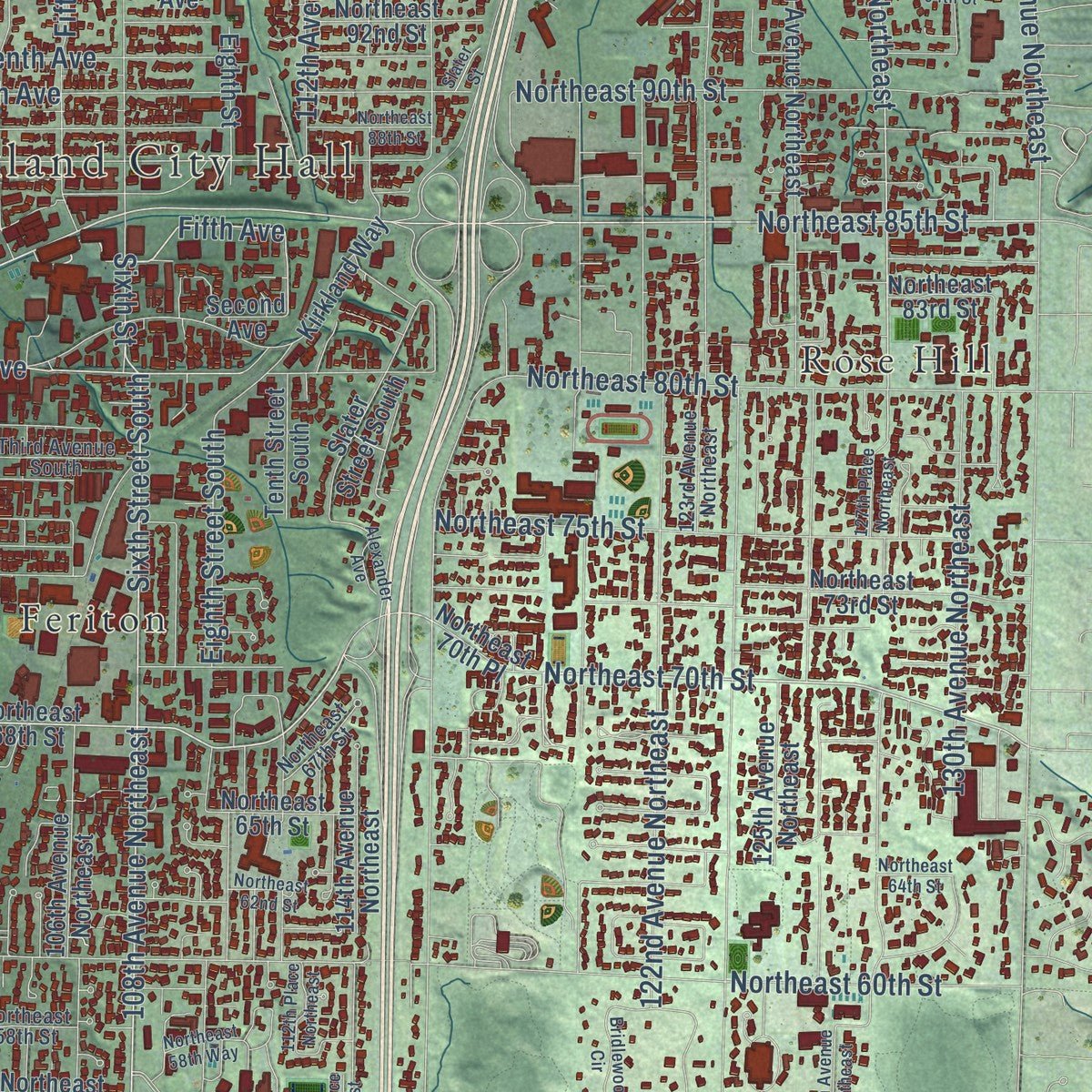 Close-up of the map of Kirkland, Washington print showing street and building detail